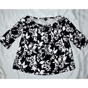 J. Jill Wearever Collection Women's Top Black White Floral 3/4 Sleeve Size L